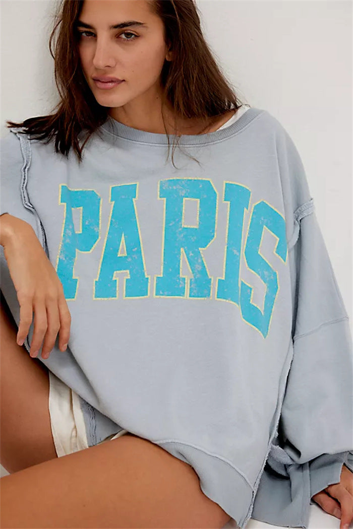Damen oversized Sweatshirt mit Rüben-Print, ausgefransten Nahtakzenten und Daumenlochärmeln Shop Nory