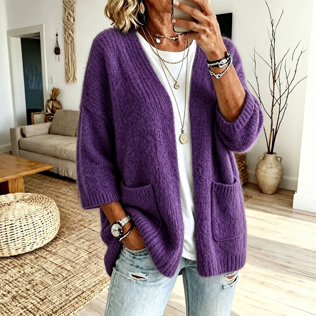 Damen Offener Longcardigan im Mohair-Look mit aufgesetzten Taschen und überschnittener Schulter Shop Nory