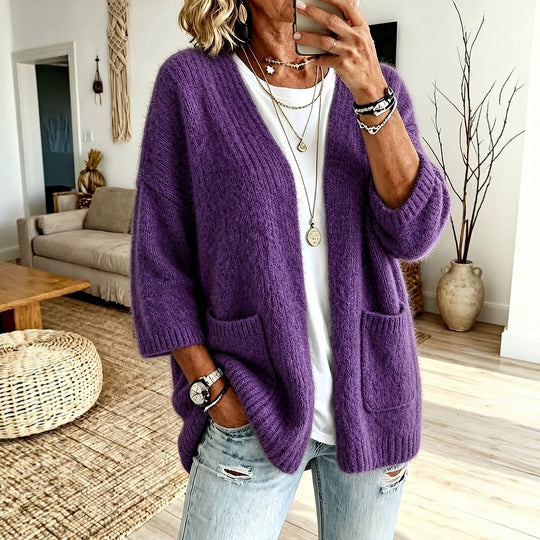 Damen Offener Longcardigan im Mohair-Look mit aufgesetzten Taschen und überschnittener Schulter Shop Nory