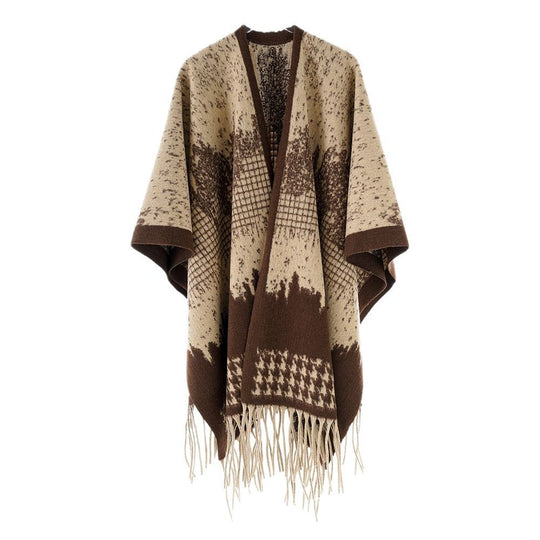Damen Monochromer Jacquard-Capeponcho aus Wollmix mit Fransen und Oversize-Fall Shop Nory