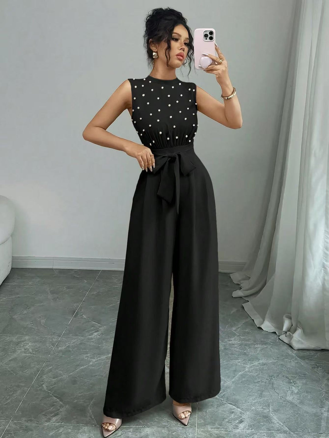 Damen Eleganter Jumpsuit mit Perlenbesatz, Stehkragen und weitem Palazzo-Bein Shop Nory