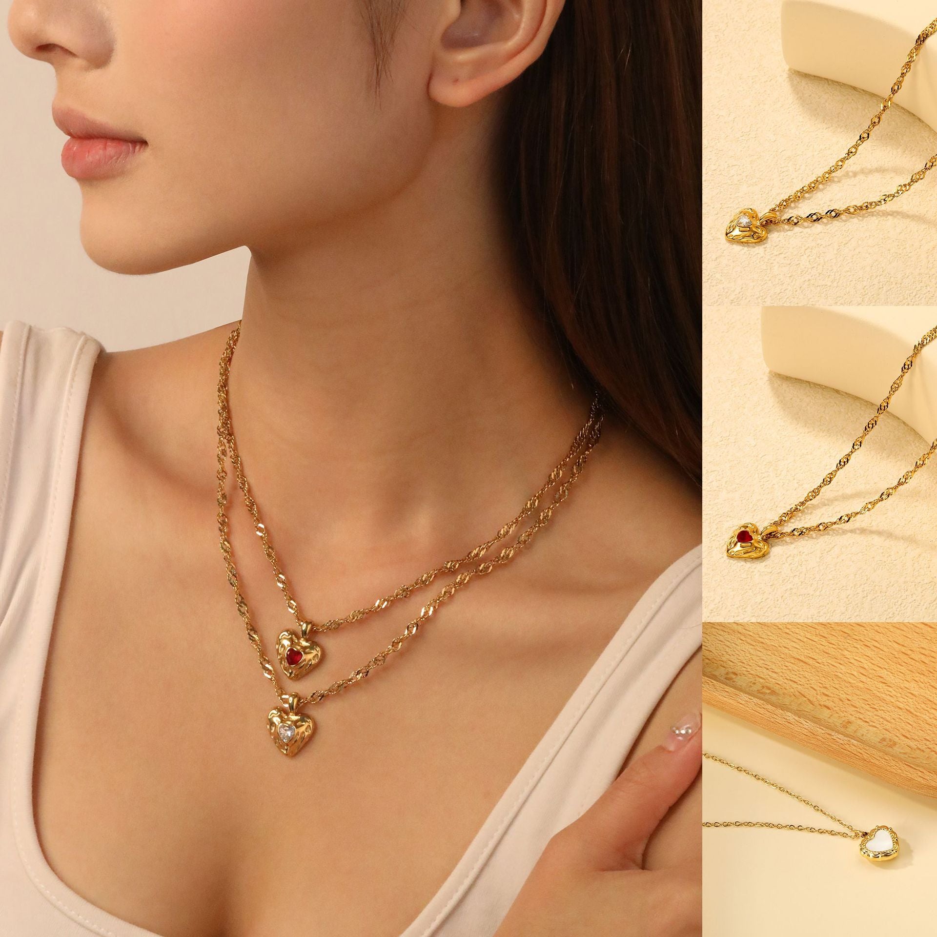 Damen Kette mit herzförmigem Anhänger aus hochwertigem Edelstahl und eleganter Dreifachdrähte-Verkettung Shop Nory