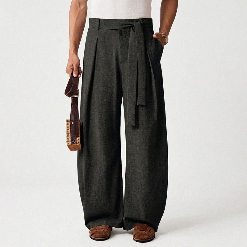 Herren weit geschnittene Leinenhose mit hoher Taille und Bindegürtel Shop Nory