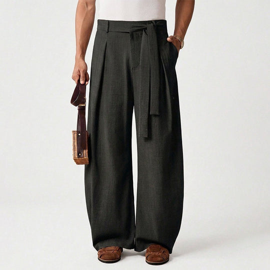 Herren weit geschnittene Leinenhose mit hoher Taille und Bindegürtel Shop Nory