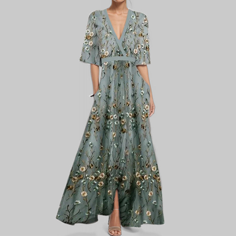 Damen Maxikleid mit Wickeloberteil, Taillengürtel und fließendem Satinrock Shop Nory