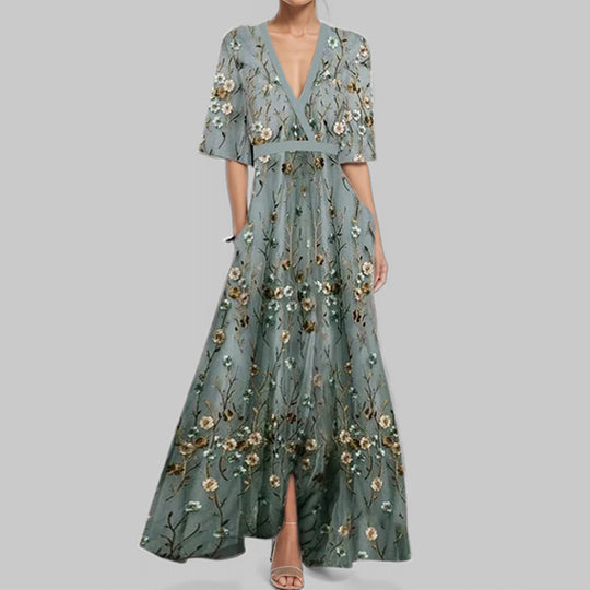 Damen Maxikleid mit Wickeloberteil, Taillengürtel und fließendem Satinrock Shop Nory