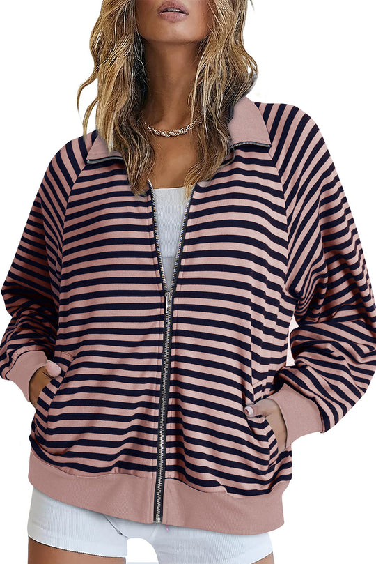 Damen Gestreifte Zip‑Jacke mit Reißverschluss, Raglanärmeln und Rippbündchen Shop Nory