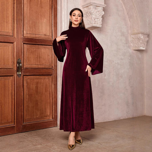 Damen Maxikleid aus Samt mit Stehkragen und Glockenärmeln Shop Nory