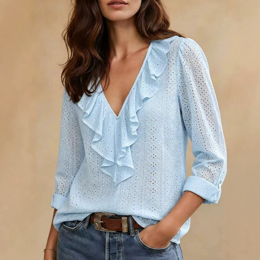 Damen nan luftige Ajourspitzenbluse mit V-Ausschnitt und Volant Shop Nory