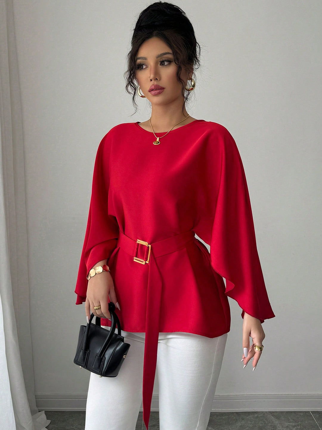Damen Elegante Chiffon-Tunika mit Cape-Ärmeln und Taillengürtel Shop Nory