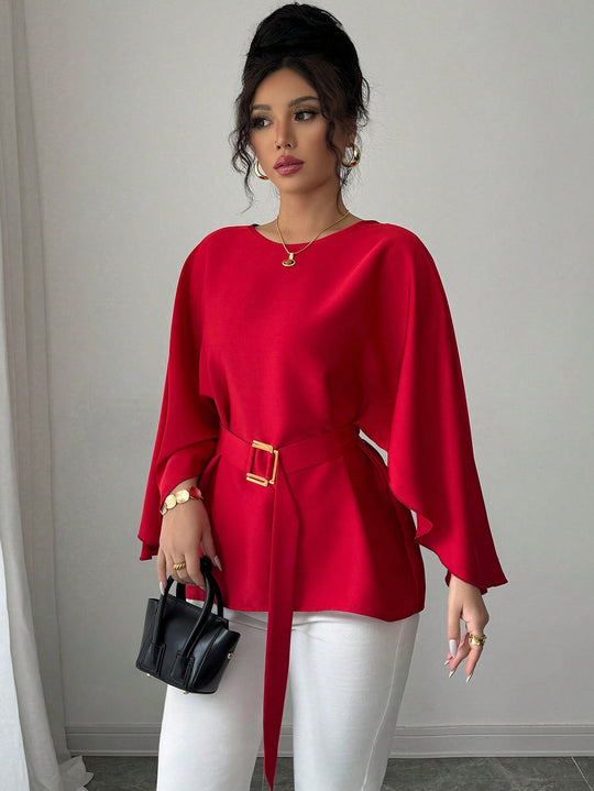 Damen Elegante Chiffon-Tunika mit Cape-Ärmeln und Taillengürtel Shop Nory