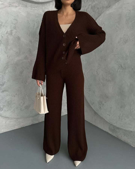 Damen Rippstrick-Cardigan mit überlangen Ärmeln und passender High-Waist-Loungehose Shop Nory