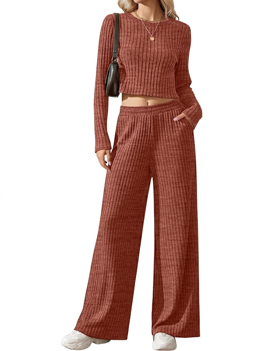Damen Geripptes Feinstrick-Lounge-Set mit Cropped Langarmtop und High-Waist Palazzohose Shop Nory