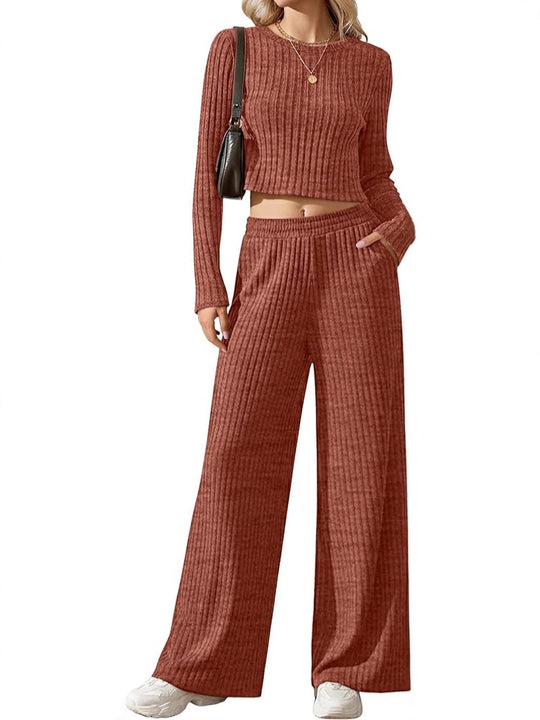 Damen Geripptes Feinstrick-Lounge-Set mit Cropped Langarmtop und High-Waist Palazzohose Shop Nory