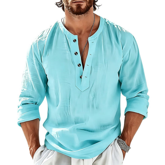 Herren Leichtes Leinen-Henley-Langarmshirt mit Mandarin-Kragen Shop Nory