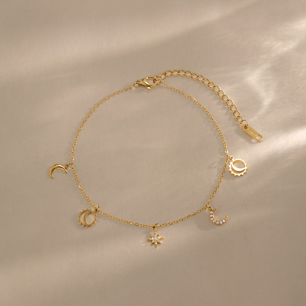 Damen Fußkettchen mit Sonnen- und Mondanhängern aus hypoallergenem Edelstahl Shop Nory