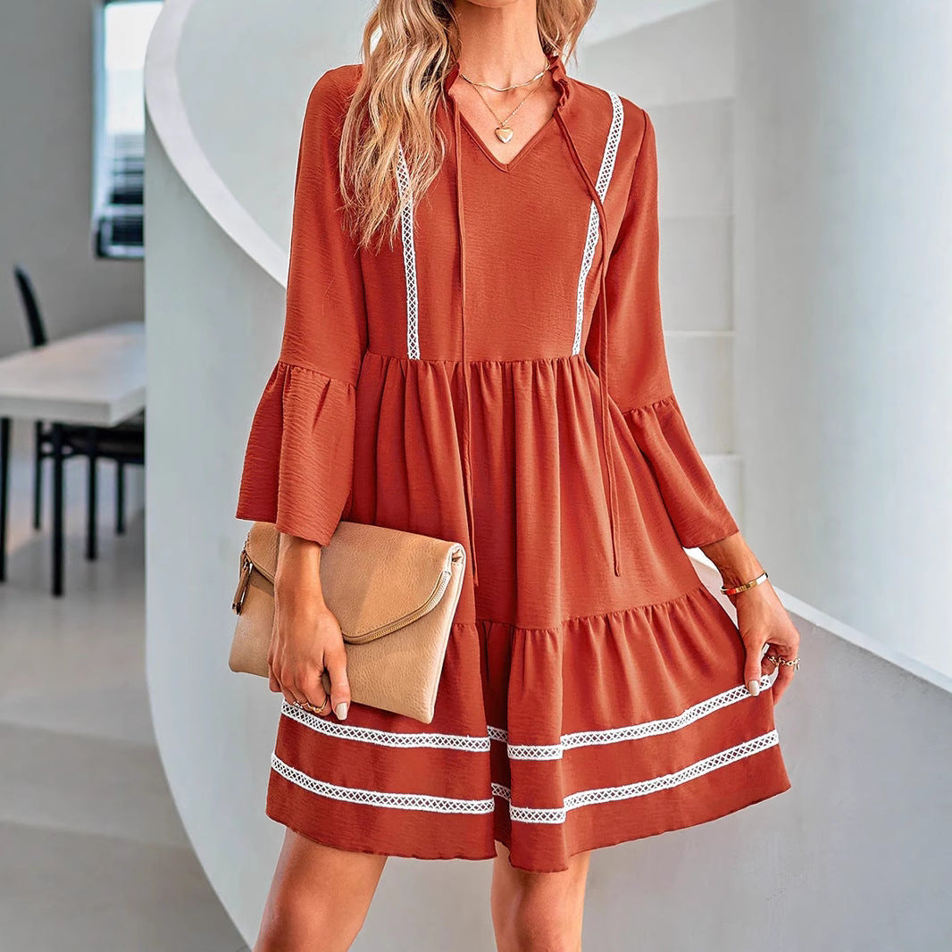 Damen Stufiges Tunika-Kleid mit V-Ausschnitt, Kordelzug und Glockenärmeln Shop Nory
