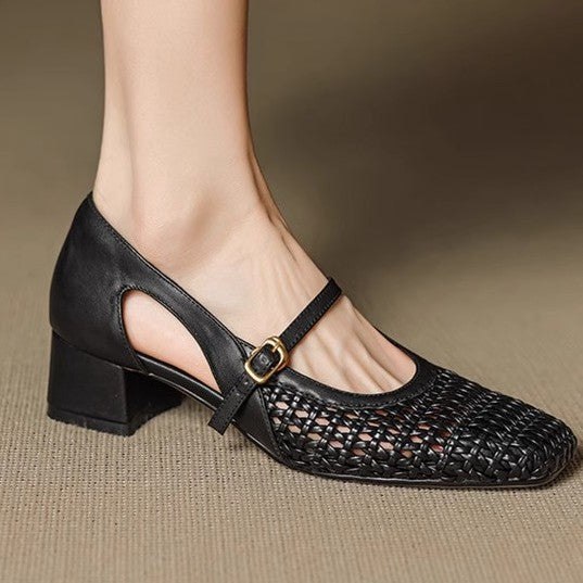 Damen elegante Mary Jane Pumps mit modischem Geflecht und bequemem Blockabsatz