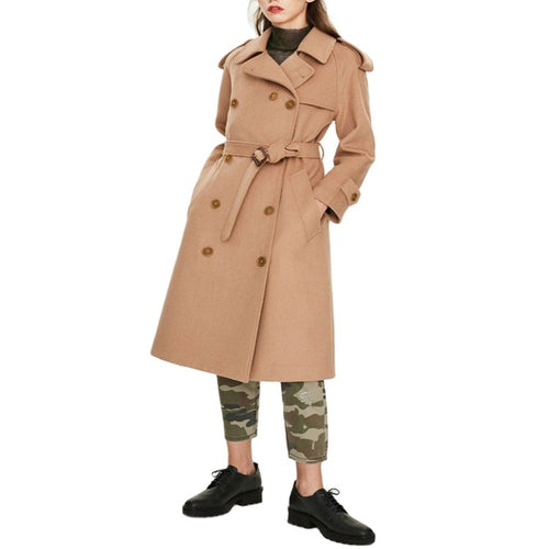 Damen Midilanger Doppelreihiger Wollmix‑Trenchcoat mit Epauletten und Taillengürtel Shop Nory