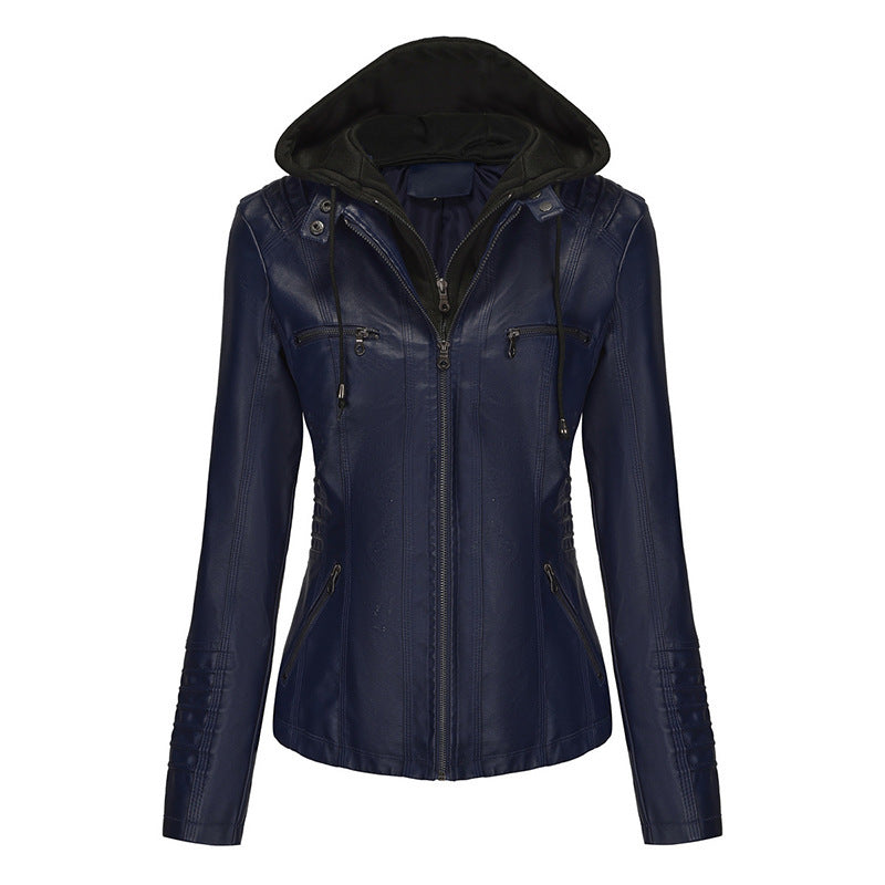 Damen Taillierte Kunstlederjacke mit abnehmbarer Kapuze und Reißverschluss Shop Nory