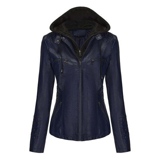 Damen Taillierte Kunstlederjacke mit abnehmbarer Kapuze und Reißverschluss Shop Nory