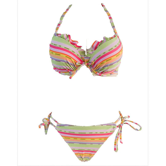 Damen Bunte Streifen-Bikini mit verspielten Rüschendetails Shopnory