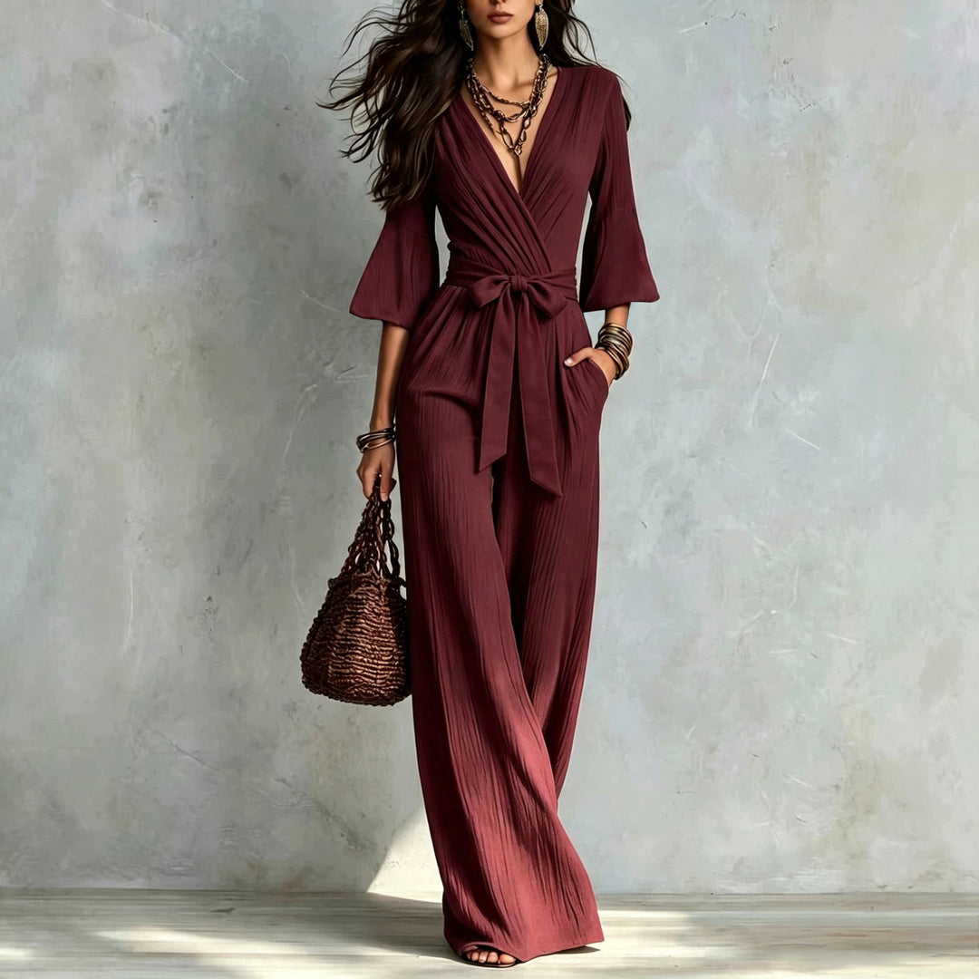 Damen Jumpsuit Wickel-Optik mit weitem Bein, Taillengürtel und Glockenärmeln Shop Nory