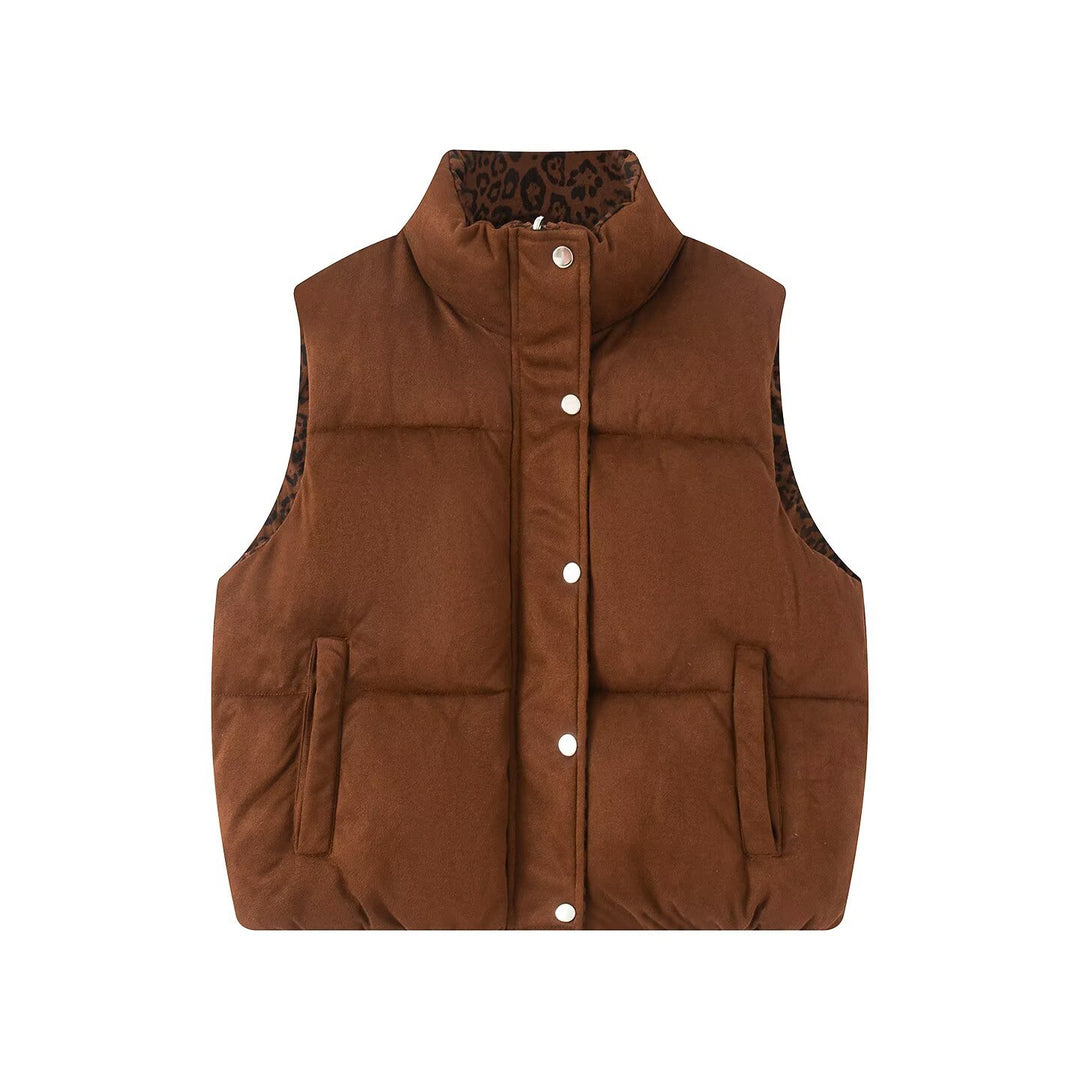 Damen Gepolsterte Steppweste mit hohem Stehkragen und Leoprint-Futter Shop Nory