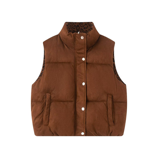 Damen Gepolsterte Steppweste mit hohem Stehkragen und Leoprint-Futter Shop Nory