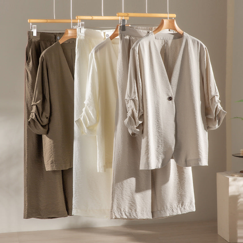 Damen Leichter Oversize-Blazer mit V-Ausschnitt, Ein-Knopf-Verschluss und gerafften Dreiviertelärmeln Shop Nory