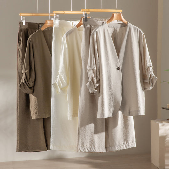 Damen Leichter Oversize-Blazer mit V-Ausschnitt, Ein-Knopf-Verschluss und gerafften Dreiviertelärmeln Shop Nory