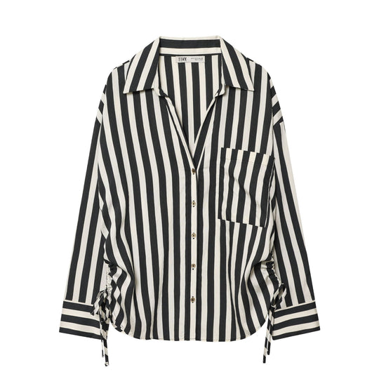 Damen Oversized Hemdbluse mit vertikalem Streifenmuster und Seitenschnürung Shop Nory