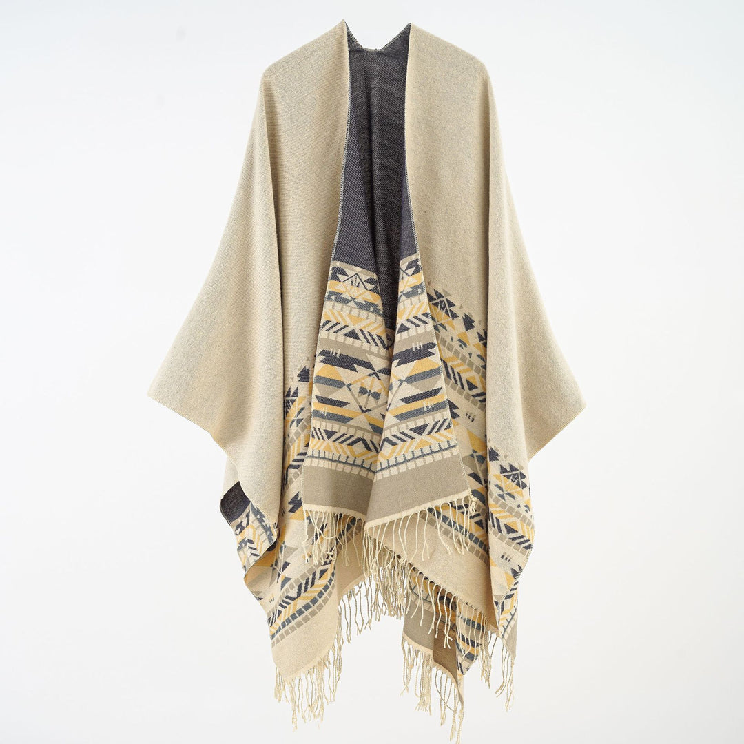 Damen Oversize-Poncho aus Wollmix mit Jacquardbordüre und Fransensaum Shop Nory