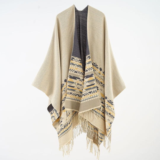 Damen Oversize-Poncho aus Wollmix mit Jacquardbordüre und Fransensaum Shop Nory