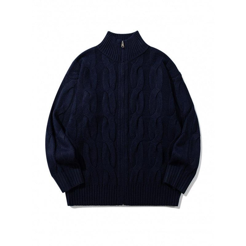 Unisex Grobgestrickter Reißverschluss-Cardigan mit Zopfmuster und hohem Rippkragen Shop Nory