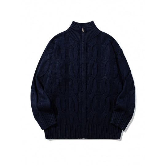 Unisex Grobgestrickter Reißverschluss-Cardigan mit Zopfmuster und hohem Rippkragen Shop Nory