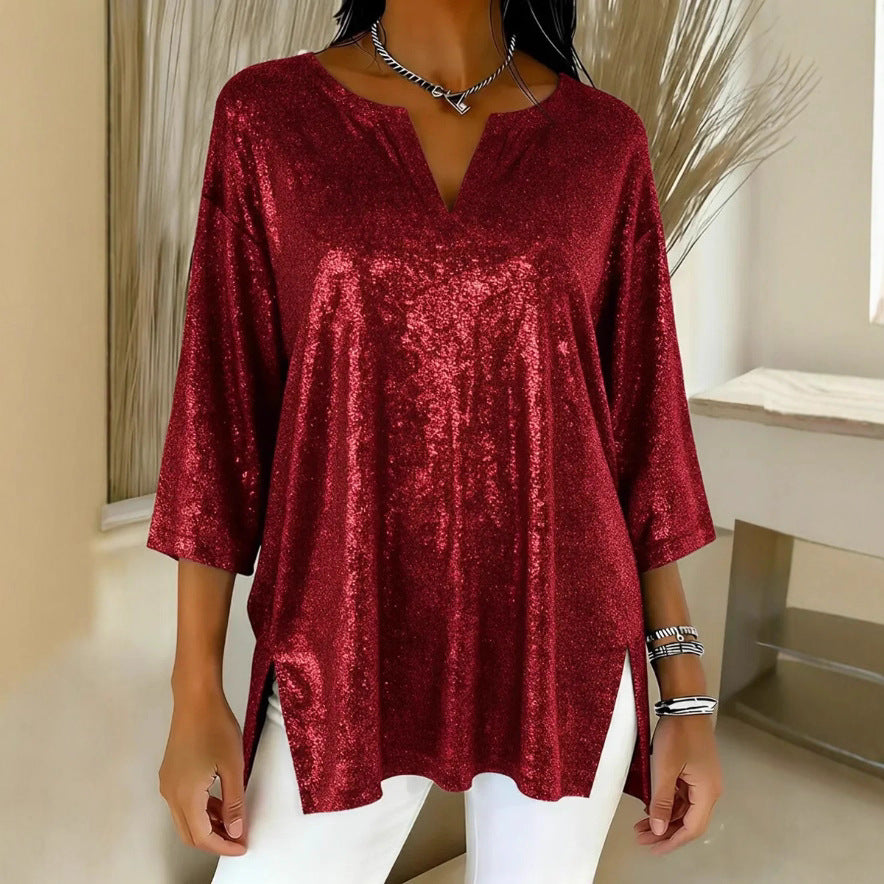 Damen Glitzerndes Oversize-Longshirt mit V-Ausschnitt und seitlichen Schlitzen Shop Nory