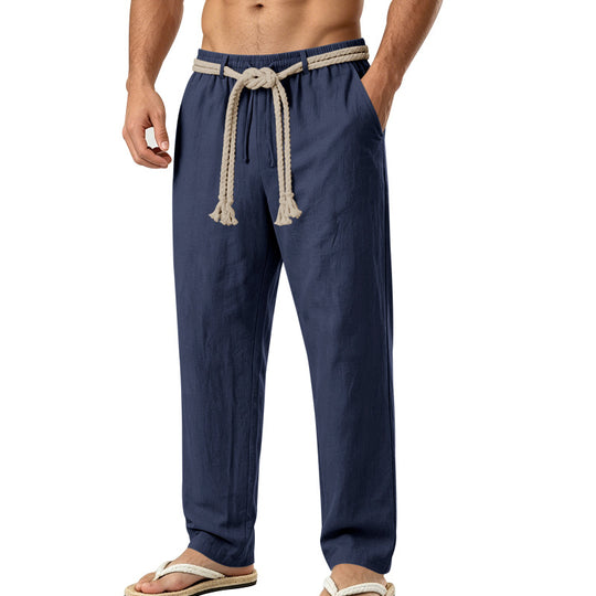 Herren lässige Leinen-Loungehose mit elastischem Bund, dekorativem Seilgürtel und Seitentaschen Shop Nory