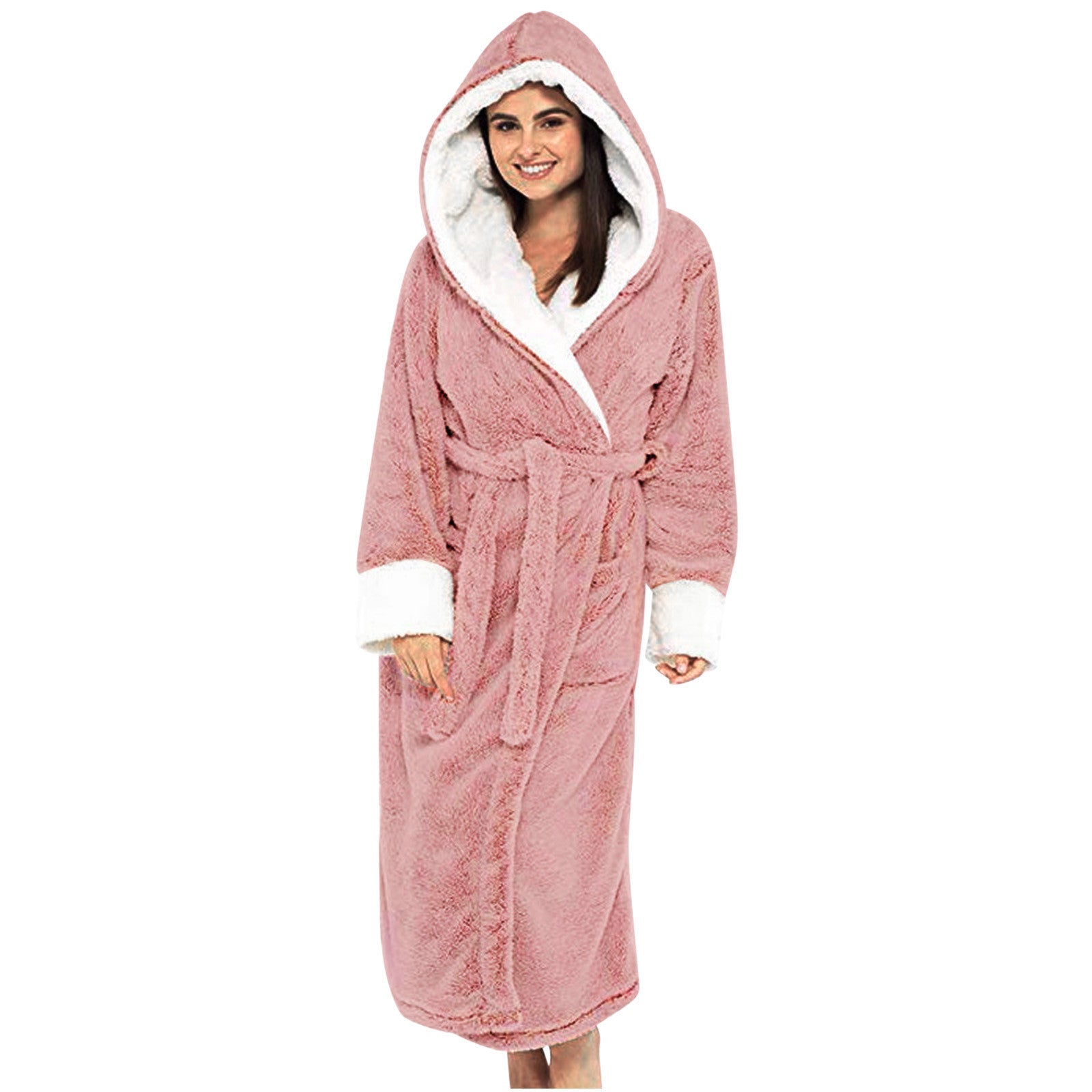 Damen Kuscheliger Fleece-Morgenmantel mit Kapuze und Gürtel ShopNory