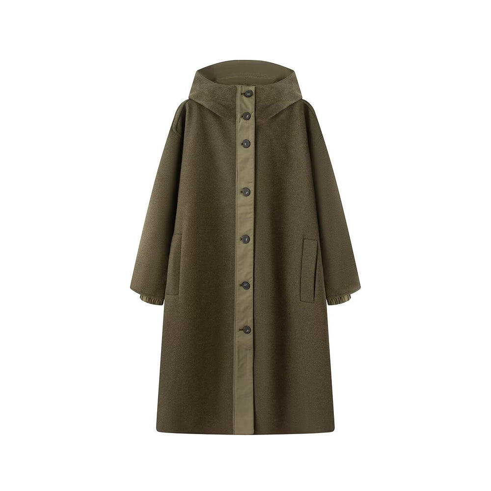 Damen Oversize Wollähnlicher Mantel mit Kapuze und Knopfleiste Shop Nory