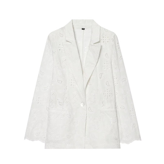 Damen Leichter Broderie-Anglaise-Blazer mit Schalkragen und Lochstickerei Shop Nory