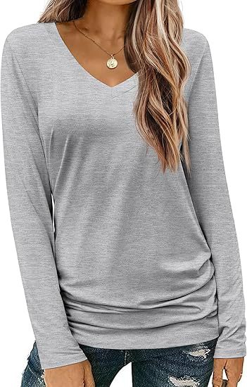 Damen Figurbetontes V‑Ausschnitt Langarmshirt aus Stretch‑Jersey mit leicht gerafftem Saum Shop Nory