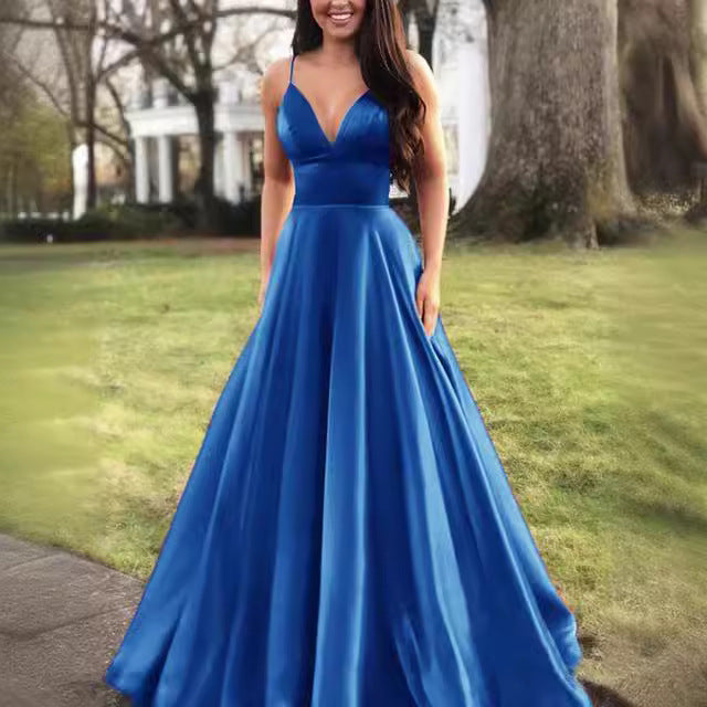 Damen A-Linien Abendkleid mit tiefem Ausschnitt und schmalen Trägern