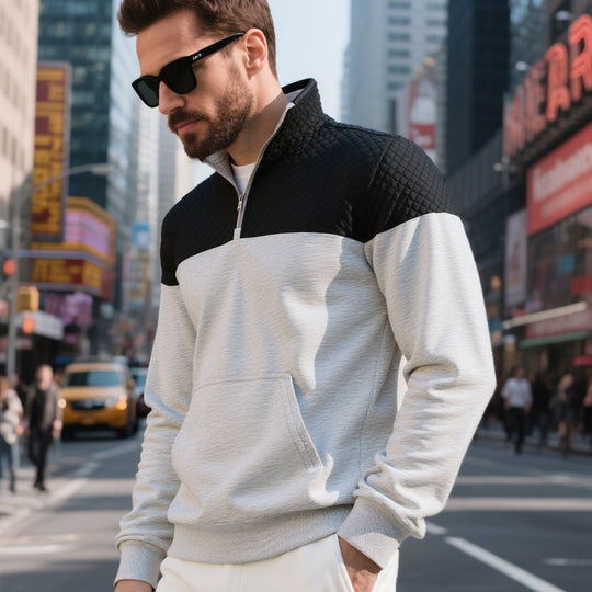 Herren Colorblock-Halbzip-Sweatshirt mit gesteppter Brustpartie, Kängurutasche und elastischen Bündchen Shop Nory