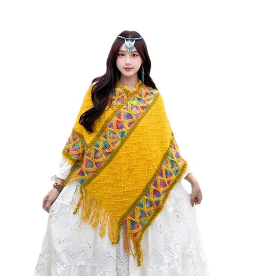 Damen Oversize-Poncho mit Fransen und geometrischem Jacquardbesatz Shop Nory