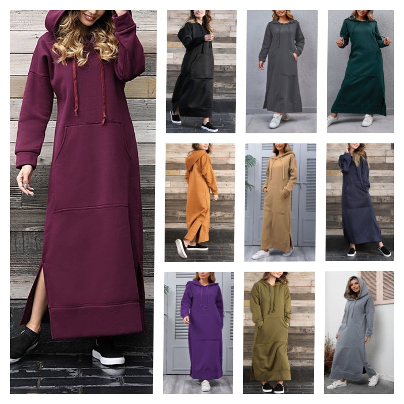 Damen nan langes Kapuzen-Sweatkleid mit Kängurutasche, Seitenschlitzen und lockerer Oversize-Passform Shop Nory
