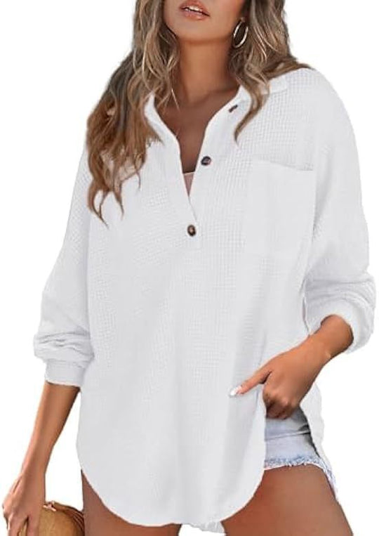 Damen nan oversized Waffelpiqué Hemdbluse mit Brusttasche, Knopfleiste und abgerundetem Saum Shop Nory