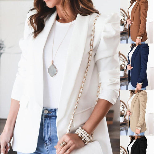 Damen eleganter Blazer mit Puffärmeln und praktischen Taschen