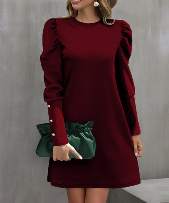 Damen Elegantes A-Linien-Minikleid mit betonten Puffärmeln und Perlenknopf-Ärmelmanschetten Shop Nory
