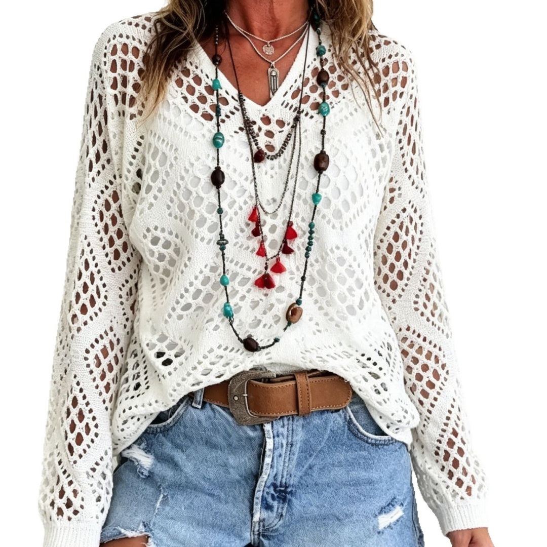 Damen Grobstrick-Häkelpullover mit offenen Maschen und V‑Ausschnitt Shop Nory